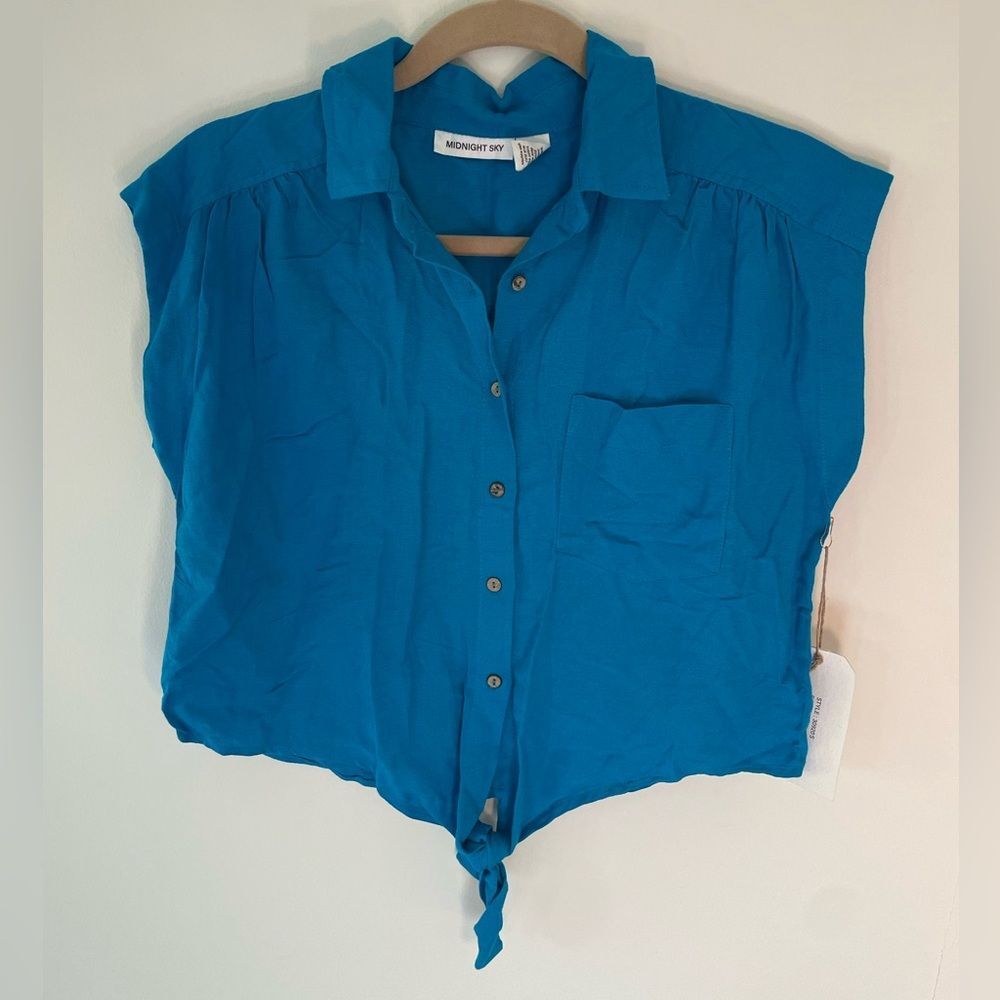 Midnight Sky Blue Pleated Buttoned Tie-Front Wide Sleeve Linen Blend Crop Top XS